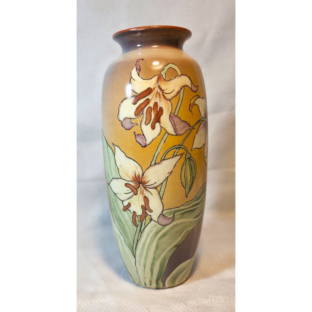 Vintage 1981 Santa Barbara Cylindrical Vase Hand Painted Floral  Pottery Signed